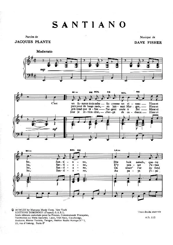 télécharger la partition d'accordéon Santiano (Chant : Hugues Aufray) au format PDF
