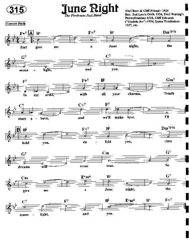 télécharger la partition d'accordéon June night (Interprètes : Ted Lewis Orchestre / Fred Wearing's Pennsylvanians / Cliff Edwards / Ipana Troubadours) (Fox Trot) au format PDF