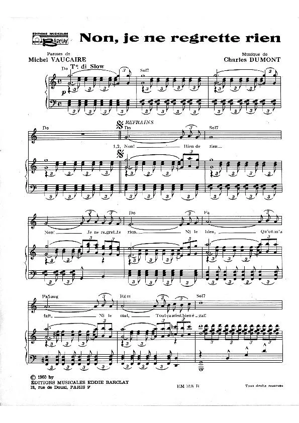 télécharger la partition d'accordéon Non Je ne regrette rien (Chant : Edith Piaf) au format PDF