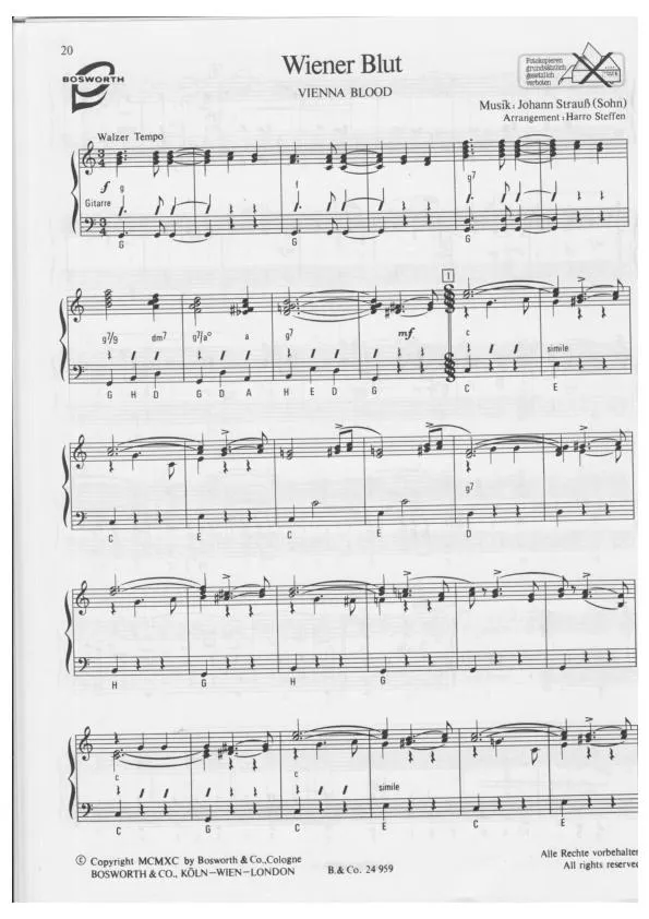 télécharger la partition d'accordéon Wiener Blut (Vienna Blood) (Arrangement : Harro Steffen) (Valse) au format PDF