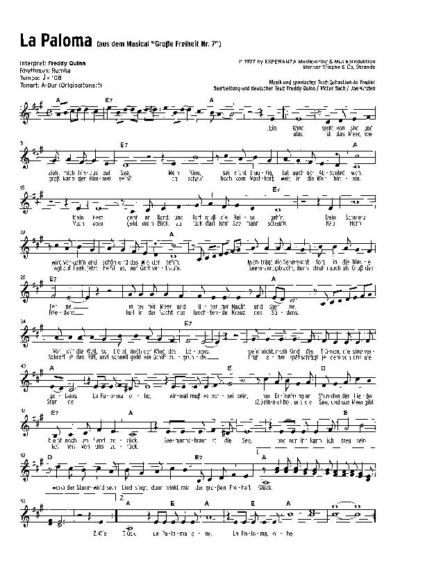 télécharger la partition d'accordéon La Paloma (De : Grosse Freiheit N°7) (Arrangement : Victor Bach et Joe Kirsten) (Interprète : Freddy Quinn) (Rumba) au format PDF