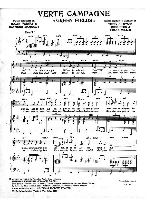 télécharger la partition d'accordéon Verte campagne (Green Fields) (Chant : Henri Salvador) (Slow) au format PDF