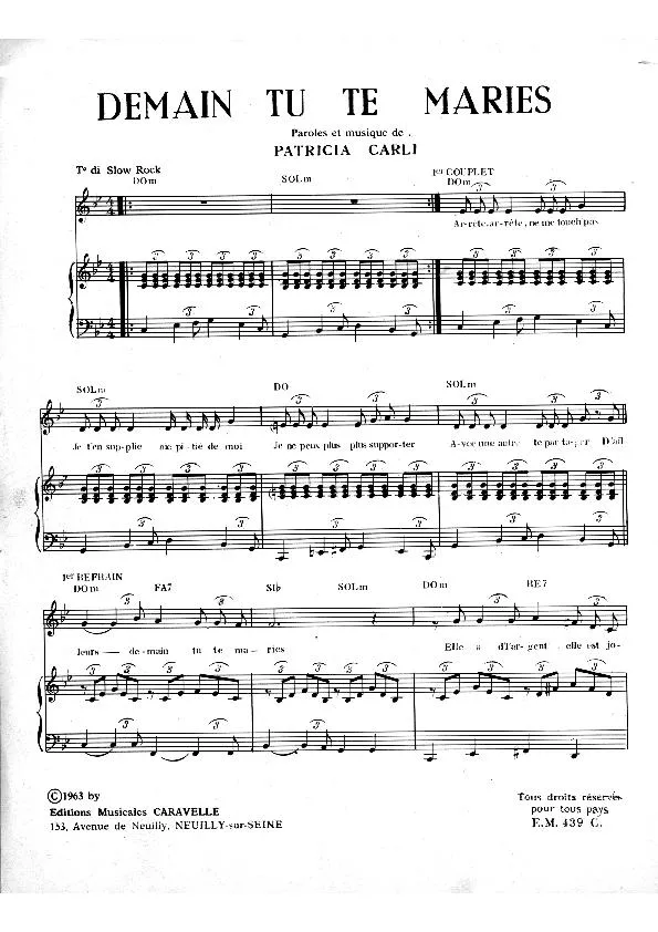 télécharger la partition d'accordéon Demain tu te maries (Slow Rock) au format PDF