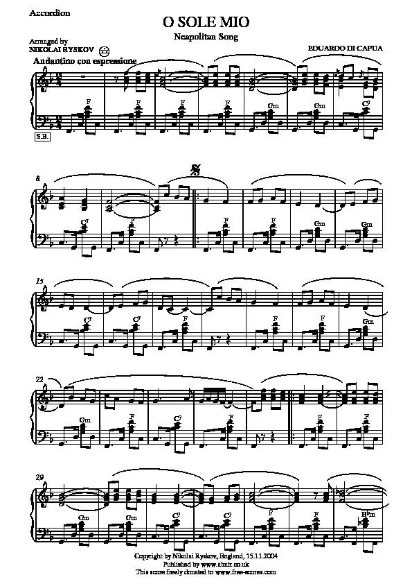 télécharger la partition d'accordéon O Sole Mio (Arrangement : Nikolai Ryskov) (Neapolitan Song) (Accordéon) au format PDF
