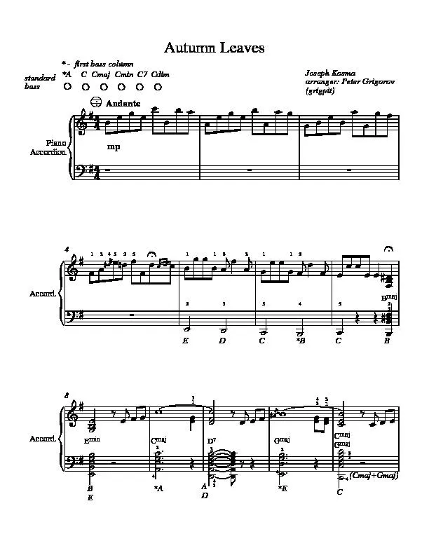 télécharger la partition d'accordéon Autumn Leaves (Arrangememnt : Peter Grigorov) (Accordéon) au format PDF