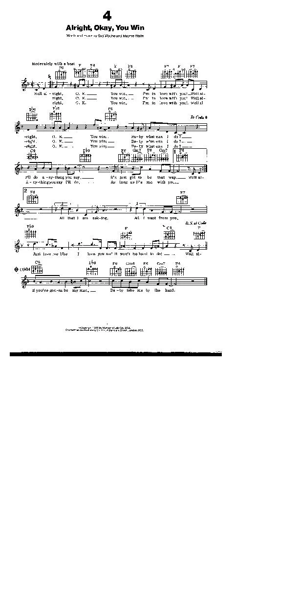 télécharger la partition d'accordéon Alright Okay You win (Interprète : Peggy Lee) (Medium Swing) au format PDF