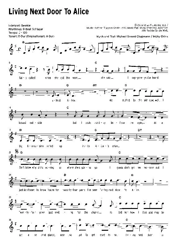 télécharger la partition d'accordéon Living next door to Alice (Interprète : Smokie) (Schlager) au format PDF