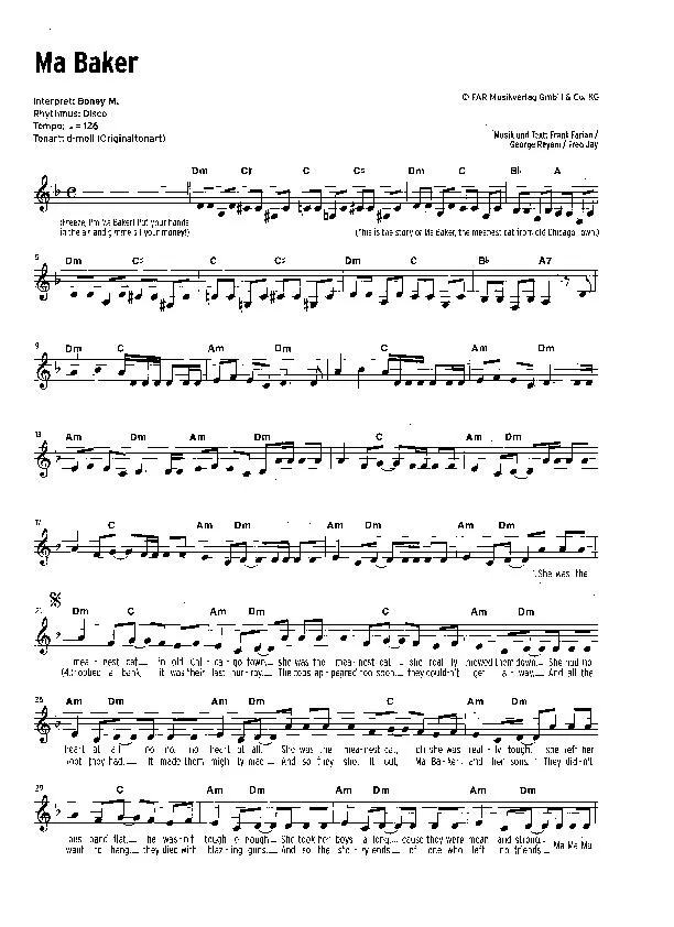 télécharger la partition d'accordéon Ma Baker (Interprètes : Boney M) (Disco) au format PDF