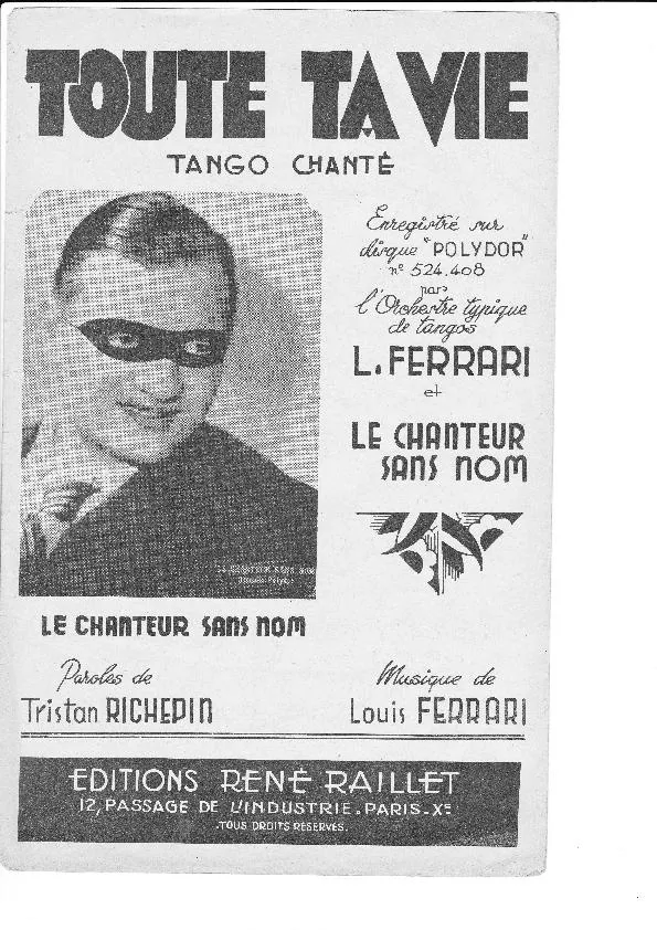 télécharger la partition d'accordéon Toute ta vie (Tango Chanté) au format PDF