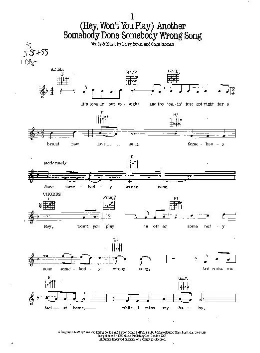 télécharger la partition d'accordéon (Hey Won't you play) Another somebody done somebody wrong song (Interprète : B J Thomas) (Medium Swing) au format PDF