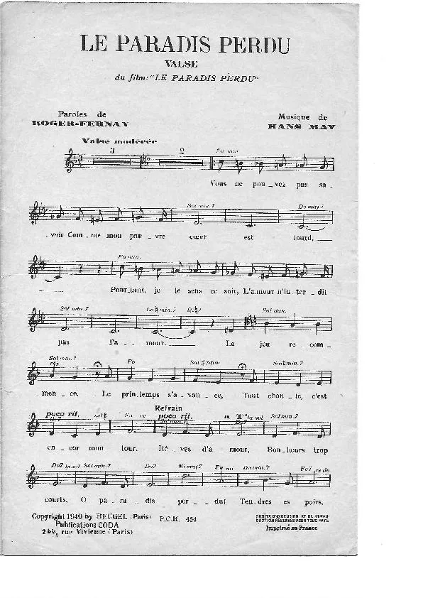 télécharger la partition d'accordéon Le paradis perdu (Chant : Micheline Presle / Lucienne Delyle / Marie-José) (Valse) au format PDF