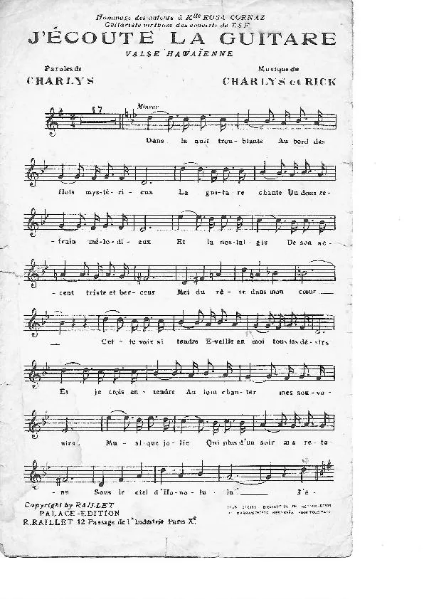 télécharger la partition d'accordéon J'écoute la guitare (Valse Hawaïenne) au format PDF