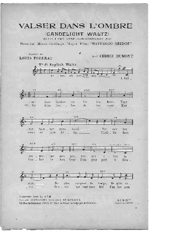 télécharger la partition d'accordéon Valser dans l'ombre (Candelight Waltz) (Du Film : Waterloo Bridge) (Arrangement : Cédric Dumont) (Chant : Marie-José / Lucienne Delyle) au format PDF