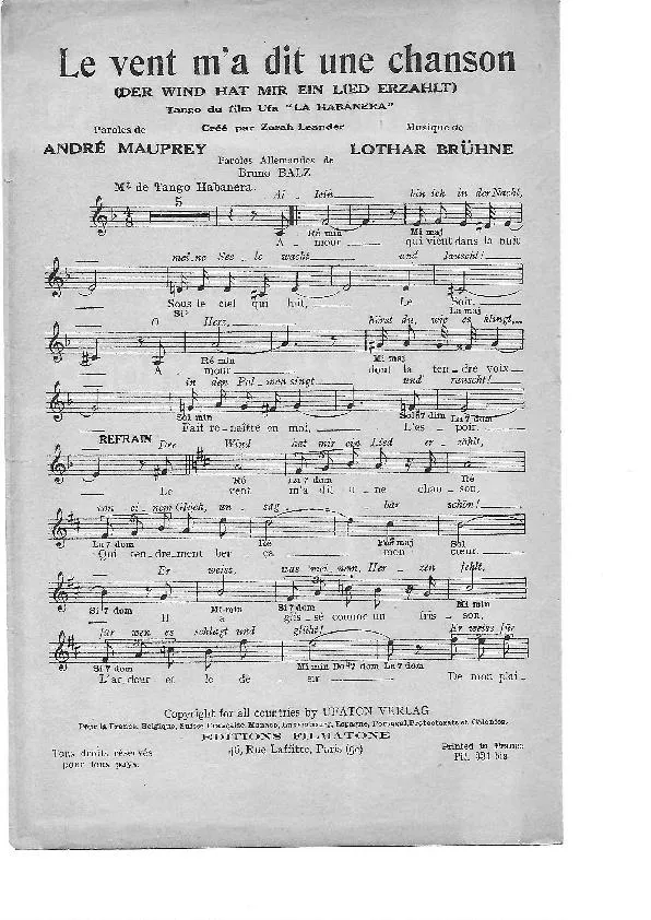 télécharger la partition d'accordéon Le vent m'a dit une chanson (Der Wind hat mir ein Lied erzahlt) (Du Film : La Habanera) (Chant : Zarah Leander) (Tango) au format PDF