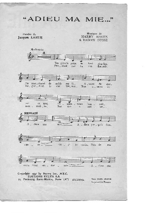 télécharger la partition d'accordéon Adieu ma mie (Chant : Tino Rossi) au format PDF
