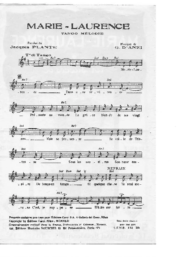 télécharger la partition d'accordéon Marie-Laurence (Chant : Bruno Clair / Victoria Marino) (Tango) au format PDF