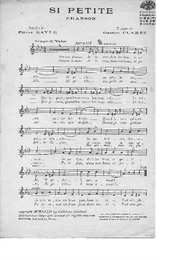 télécharger la partition d'accordéon Si petite (Chant : Lucienne Boyer) (Valse) au format PDF