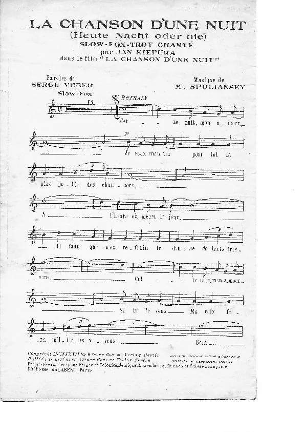 télécharger la partition d'accordéon La chanson d'une nuit (Heute Nacht oder nie) (Chant : Jan Kiepura) (Slow Fox Trot) au format PDF