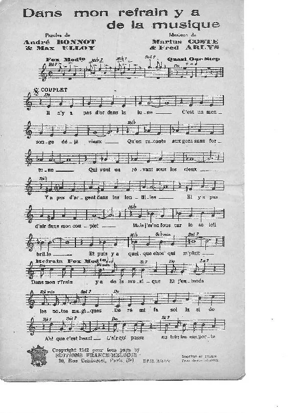 télécharger la partition d'accordéon Dans mon refrain y a de la musique (Chant : Raymond Legrand / Roger Toussaint) (Fox) au format PDF