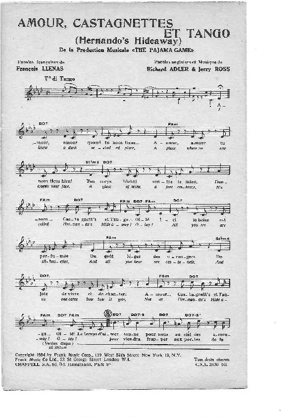 télécharger la partition d'accordéon Amour Castagnettes et Tango (Hernando's Hideaway) (De la production musicale : The Pajama Game) au format PDF