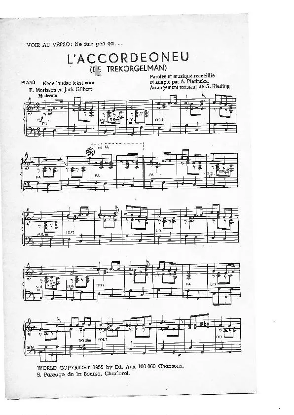 télécharger la partition d'accordéon L'Accordéoneu (De trekorgelman) (Arrangement : George Rieding) (Chant : Bob Dechamps / Andrex) au format PDF