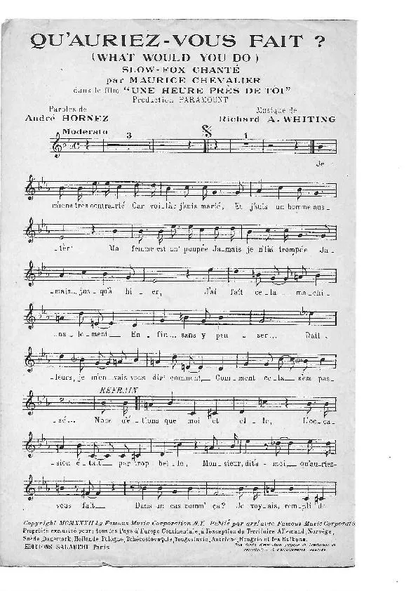 télécharger la partition d'accordéon Qu'auriez-vous fait (What would you do) (Du Film : Une heure près de toi) (Chant : Maurice Chevalier) (Slow Fox) au format PDF