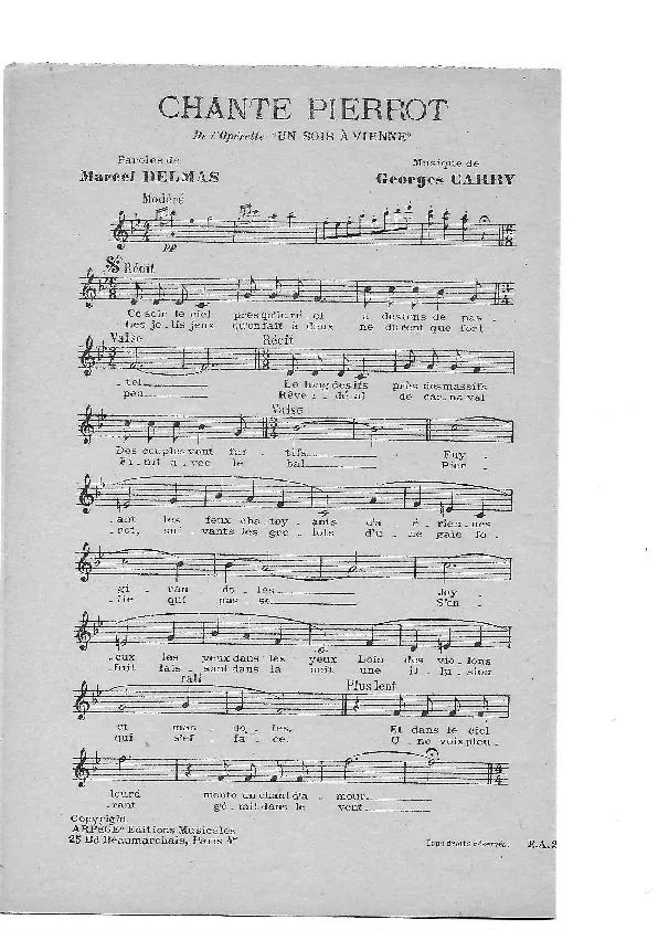 télécharger la partition d'accordéon Chante Pierrot (De l'Opérette : Un soir à Vienne) (Chant : Elyane Célis) au format PDF