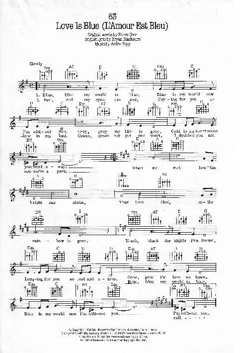 télécharger la partition d'accordéon Love is blue (L'amour est bleu) (Interprète : Al Martino) (Rumba) au format PDF