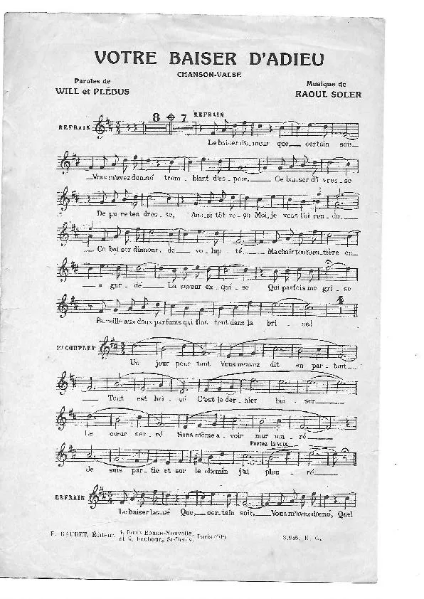 télécharger la partition d'accordéon Votre baiser d'adieu (Chant : Suzanne Chevalier) (Chanson Valse) au format PDF