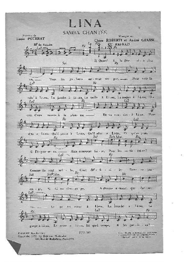 télécharger la partition d'accordéon Lina (Chant : Claude Robin) (Samba) au format PDF