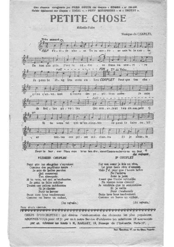 télécharger la partition d'accordéon Petite chose (Chant : Fred Gouin) (Mélodie Valse) au format PDF