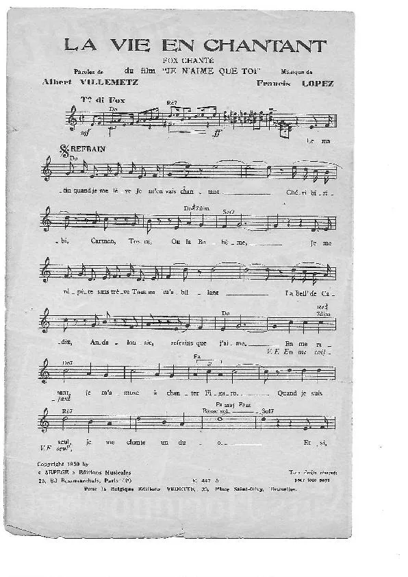 télécharger la partition d'accordéon La vie en chantant (Du Film :  Je n'aime que toi) (Chant : Luis Mariano) (Fox) au format PDF