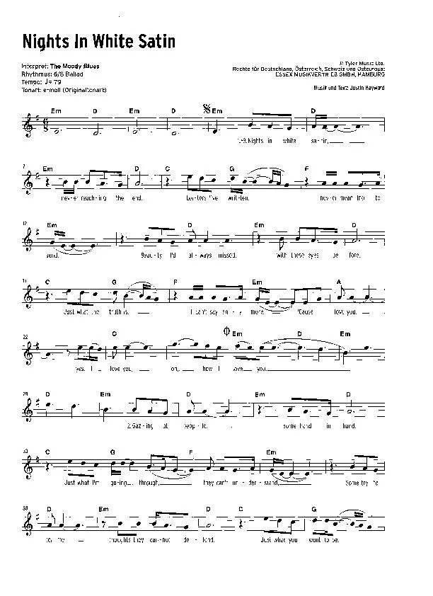 télécharger la partition d'accordéon Nights in white satin (Chant : The Moody Blues) (Slow Rock) au format PDF