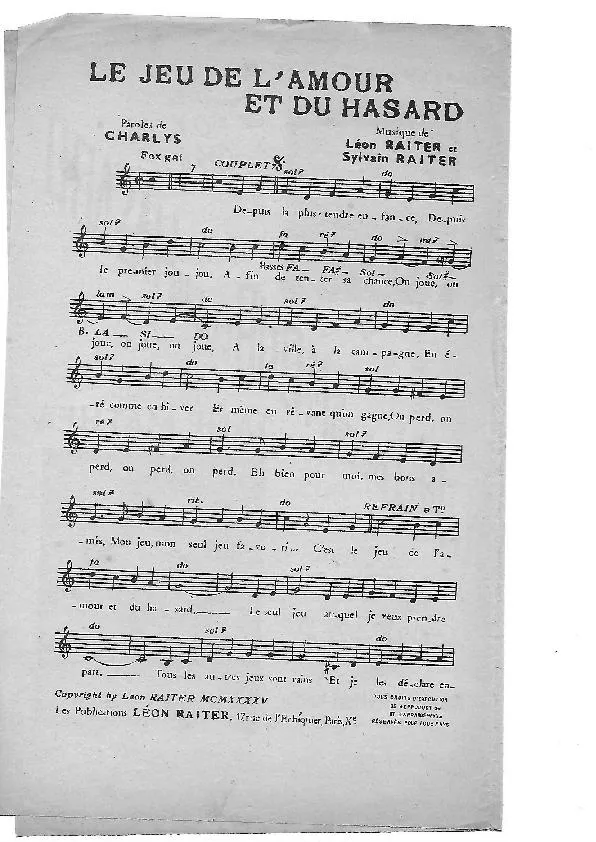 télécharger la partition d'accordéon Le jeu de l'amour et du hasard (Chant : Jane Mathéa) (Fox Gai) au format PDF
