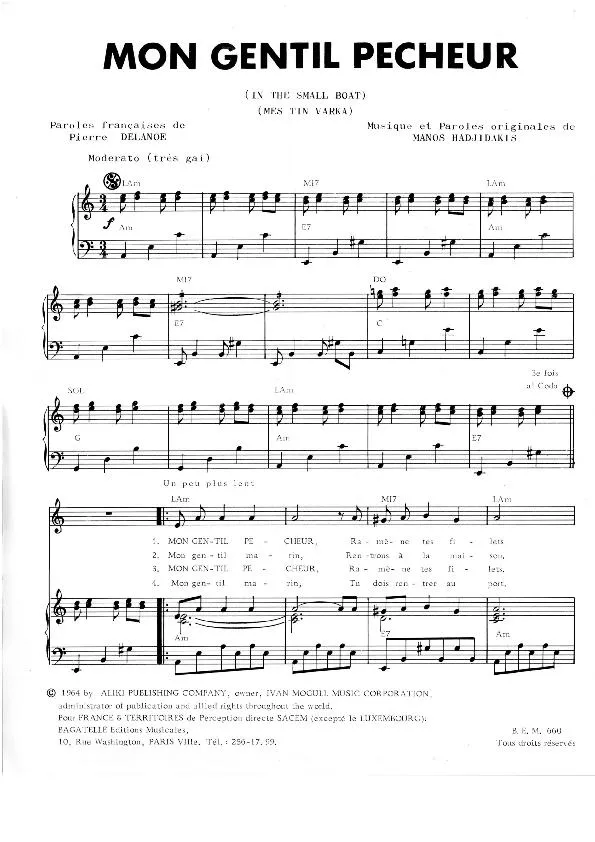 télécharger la partition d'accordéon Mon gentil pêcheur (In the small boat) (Mes tin varka) (Chant : Nana Mouskouri) au format PDF