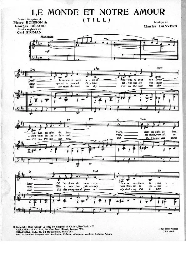 télécharger la partition d'accordéon Le monde est notre amour (Till) (Chant : Lucien Lupi) (Slow) au format PDF