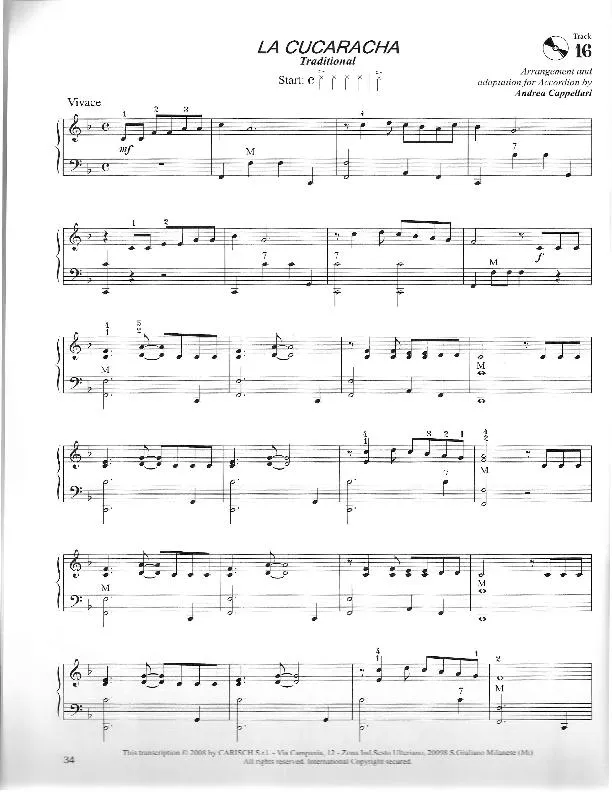 télécharger la partition d'accordéon La Cucaracha (Arrangement pour accordéon de Andrea Cappellari) (Chant : Los Machucambos) (Cha Cha Cha) au format PDF