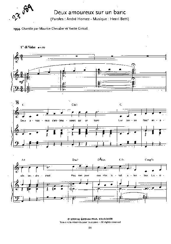 télécharger la partition d'accordéon Deux amoureux sur un banc (Chant : Maurice Chevalier / Yvette Giraud) (Valse) au format PDF
