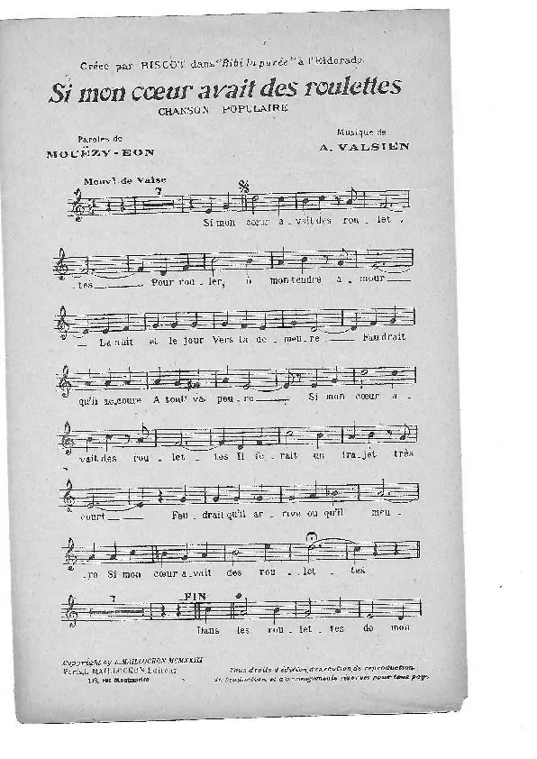 télécharger la partition d'accordéon Si mon coeur avait des roulettes (Chant : Biscot) (Valse) au format PDF