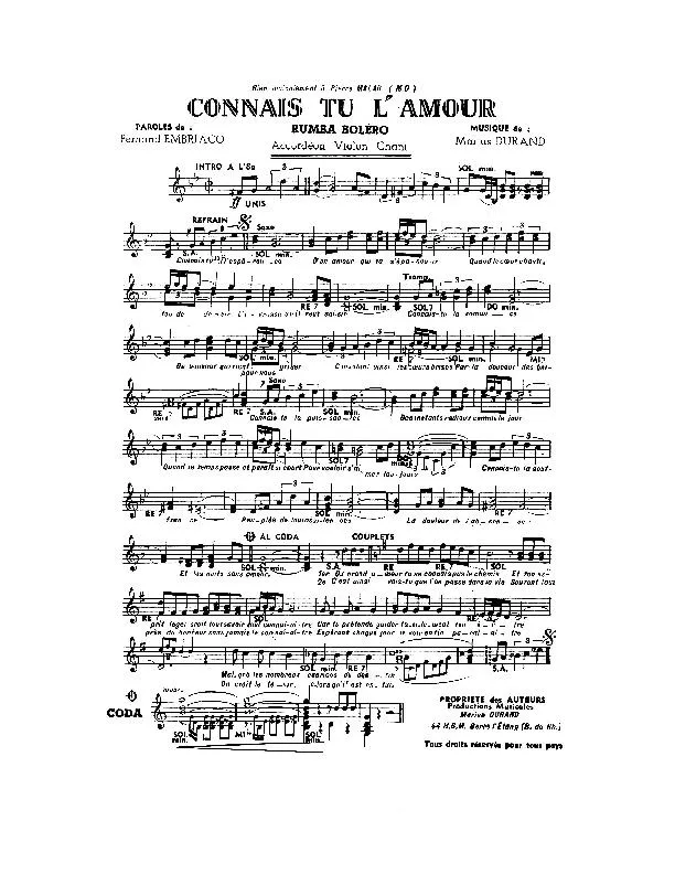 télécharger la partition d'accordéon Connais tu l'amour (Rumba Boléro) au format PDF