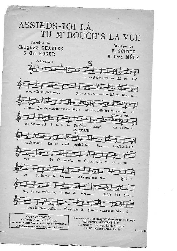 télécharger la partition d'accordéon Assieds-toi là Tu m' bouch's la vue (Chant : Jane Aubert) au format PDF