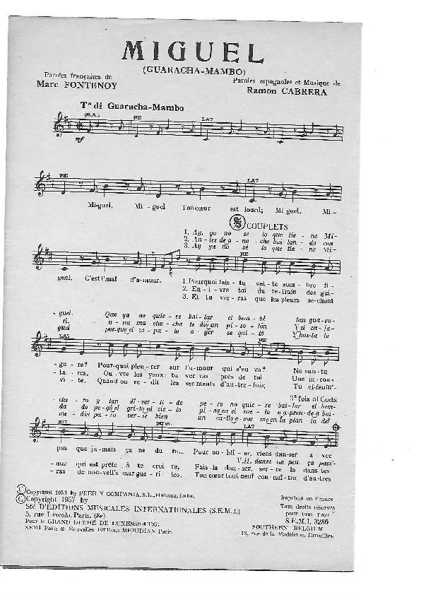 télécharger la partition d'accordéon Miguel (Chant : Dalida / Miguel Amador) (Guaracha Mambo) au format PDF