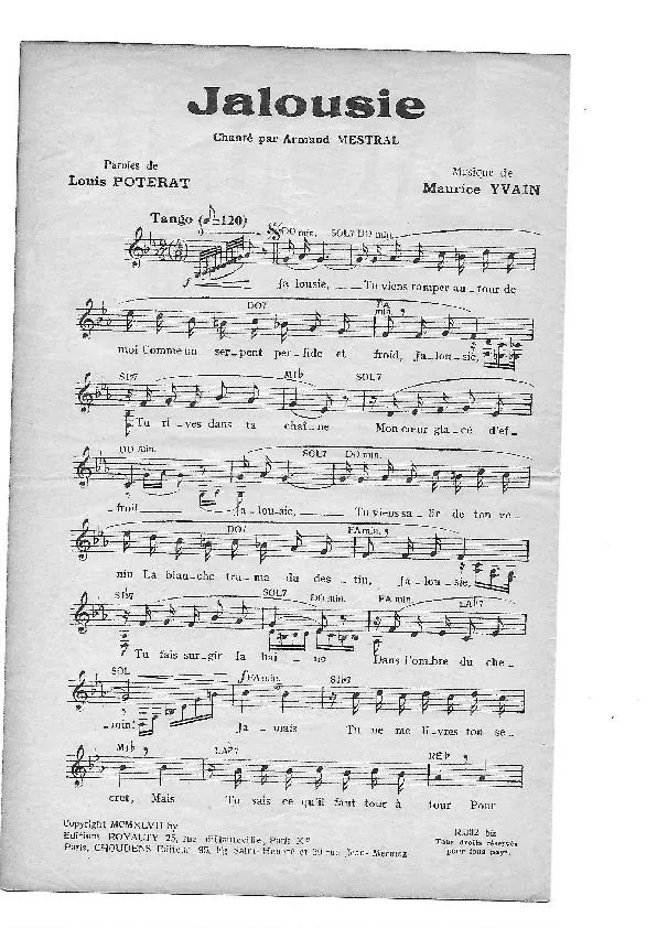 télécharger la partition d'accordéon Jalousie (Chant : Armand Mestral) (Tango) au format PDF