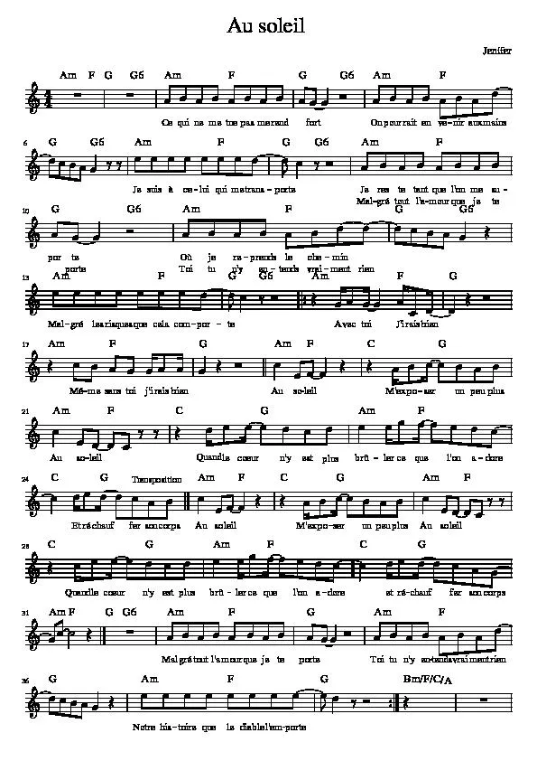 télécharger la partition d'accordéon Au soleil (Chant : Jenifer) (Relevé) au format PDF