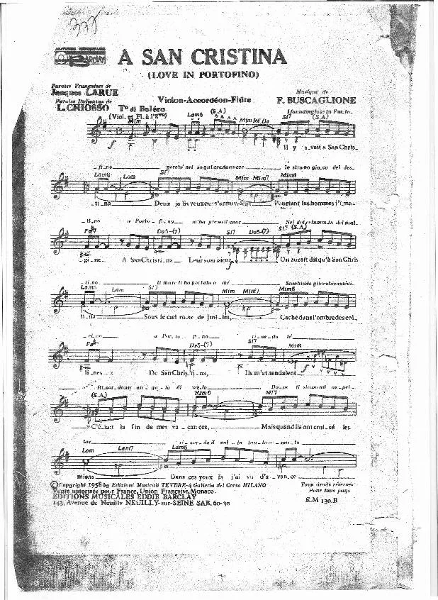 télécharger la partition d'accordéon A San Cristina (Love in Portofino) (Boléro) au format PDF
