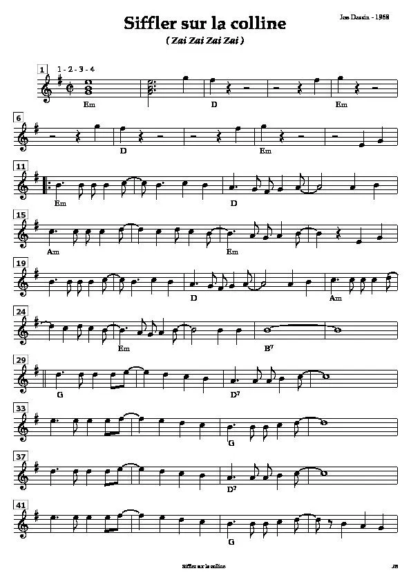 télécharger la partition d'accordéon Siffler sur la colline (Chant : Joe Dassin) (Relevé) au format PDF