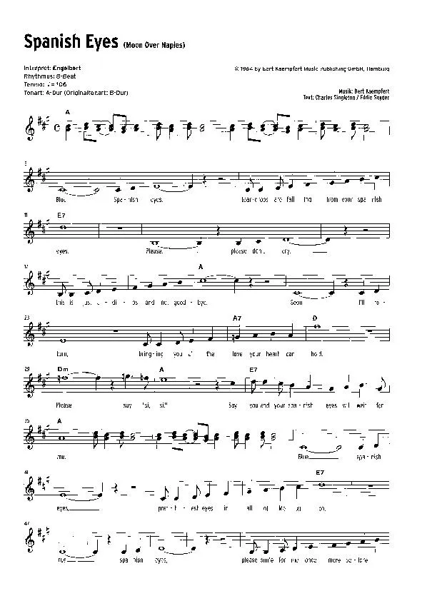 télécharger la partition d'accordéon Spanish eyes (Moon over Napels) (Chant : Engelbert Humperdinck) (Rumba) au format PDF