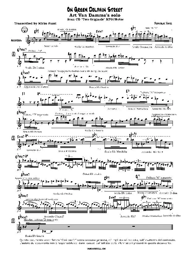 télécharger la partition d'accordéon On Green Dolphin Street (Art Van Damme's solo) (From CD Two Orginals MPSA / Motor) (Transcribed : Mirko Fazzi) (Accordéon) au format PDF