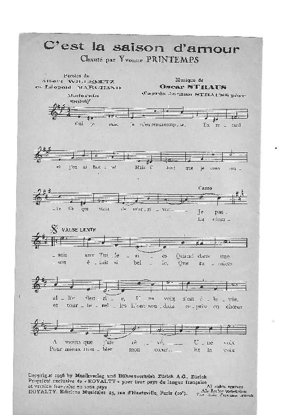 télécharger la partition d'accordéon Trois Valses : C'est la saison d'amour + Je t'aime + C'est le destin peut être) (Opérette en trois actes et 11 tableaux ) (Chant : Yvonne Printemps) au format PDF