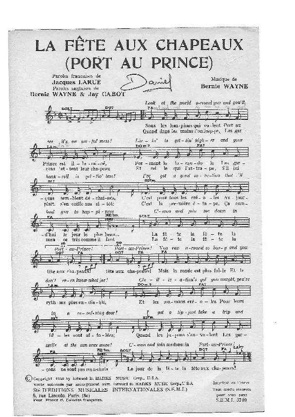 télécharger la partition d'accordéon La fête aux chapeaux (Port au prince) (Chant : Gloria Lasso) au format PDF